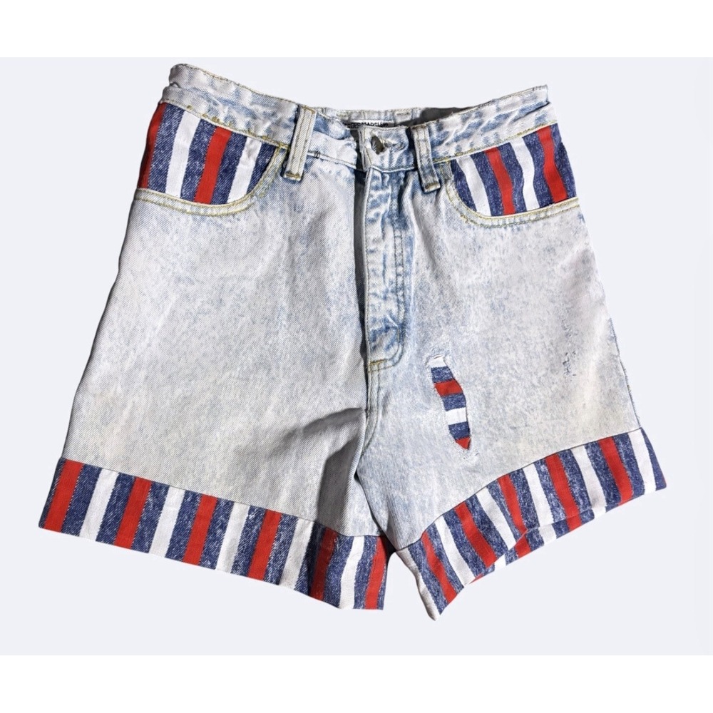 Guess Light Wash Denim Shorts with Red & Blue Stripes